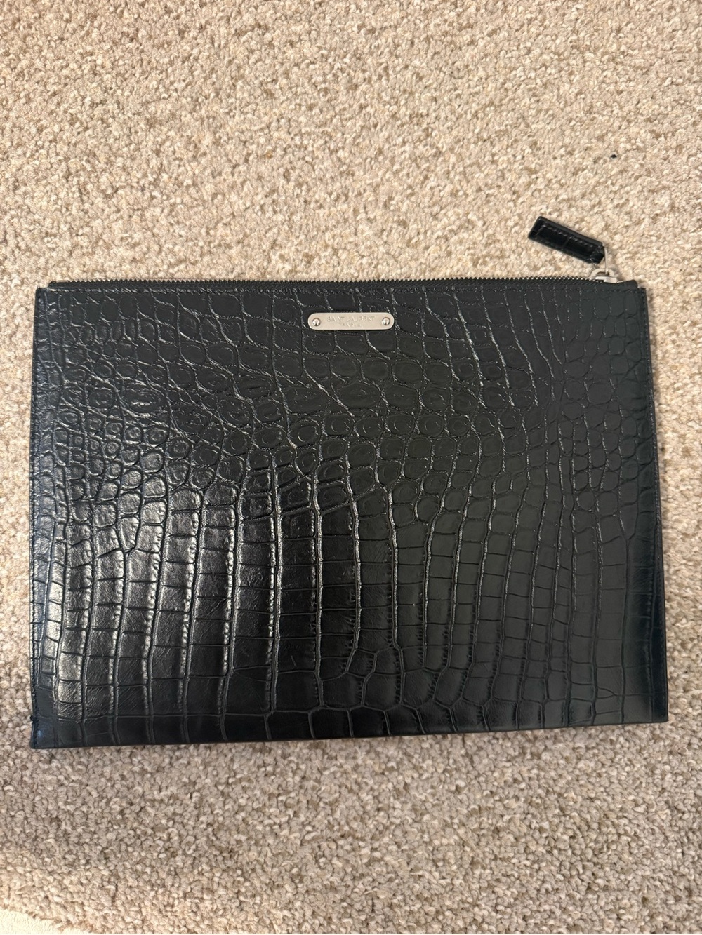 Authentic YSL Croc-Embossed Leather Black Zip Pouch